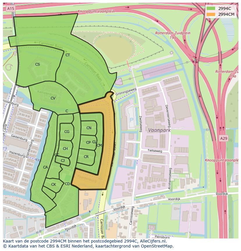 Afbeelding van het postcodegebied 2994 CM op de kaart.