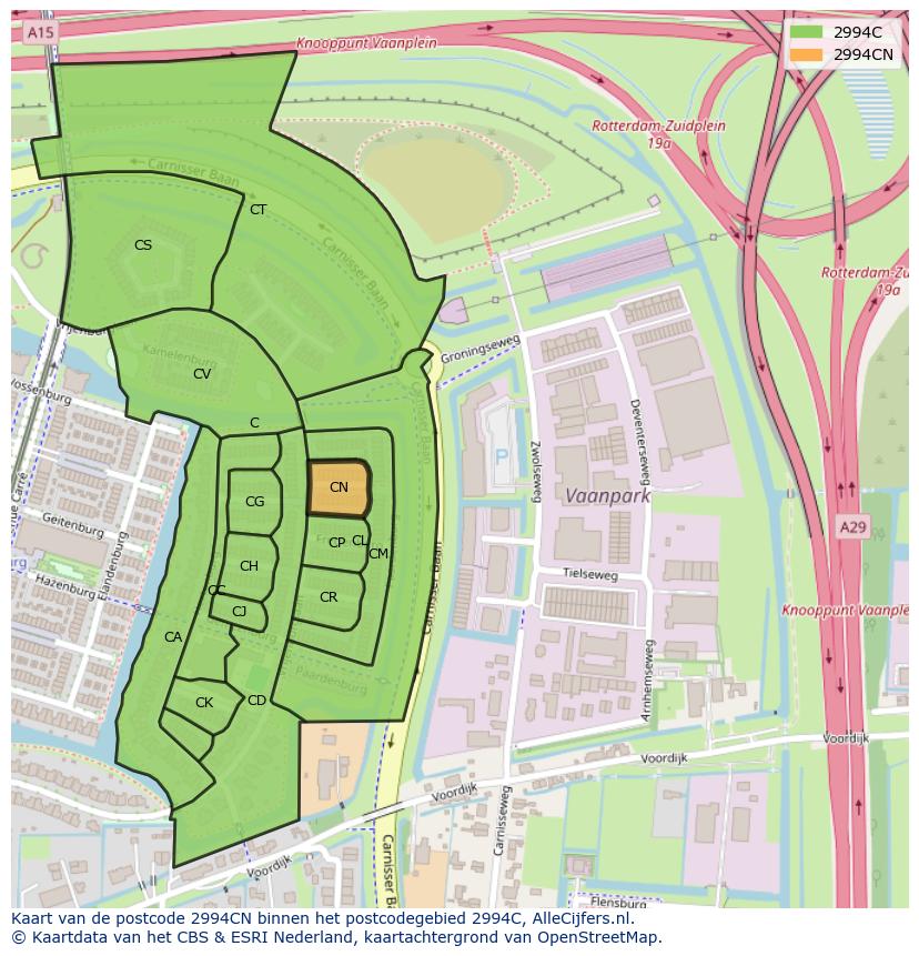 Afbeelding van het postcodegebied 2994 CN op de kaart.