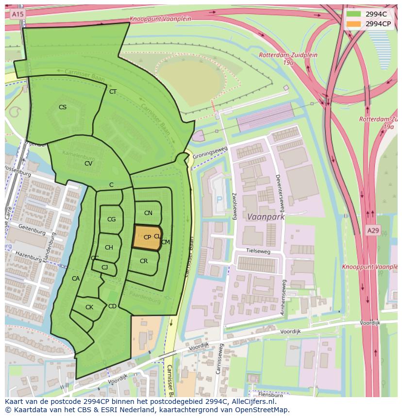 Afbeelding van het postcodegebied 2994 CP op de kaart.