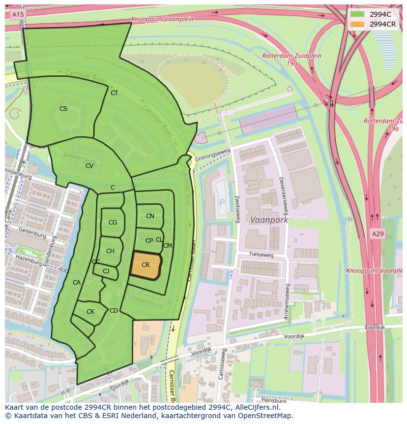 Afbeelding van het postcodegebied 2994 CR op de kaart.