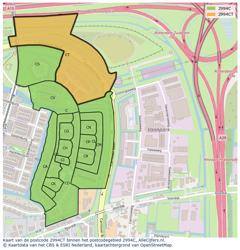 Afbeelding van het postcodegebied 2994 CT op de kaart.