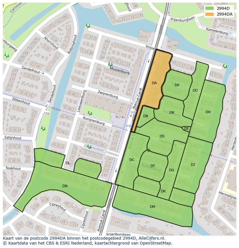 Afbeelding van het postcodegebied 2994 DA op de kaart.