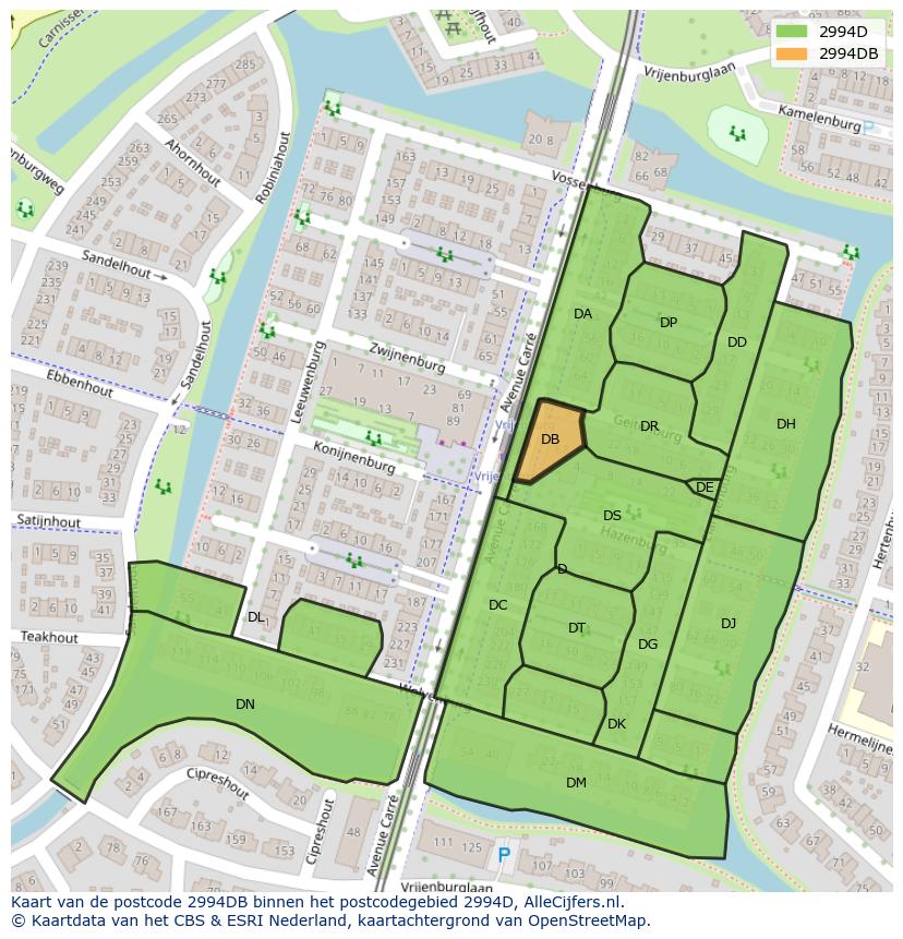 Afbeelding van het postcodegebied 2994 DB op de kaart.