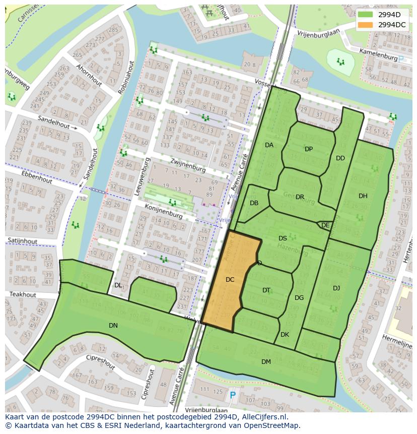 Afbeelding van het postcodegebied 2994 DC op de kaart.