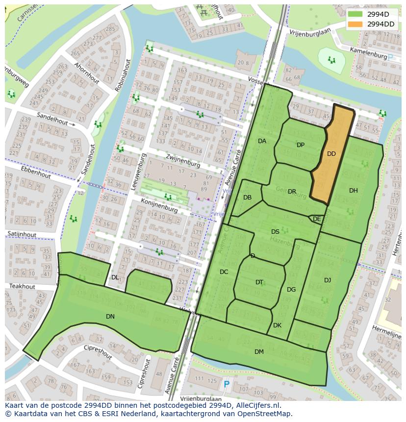 Afbeelding van het postcodegebied 2994 DD op de kaart.