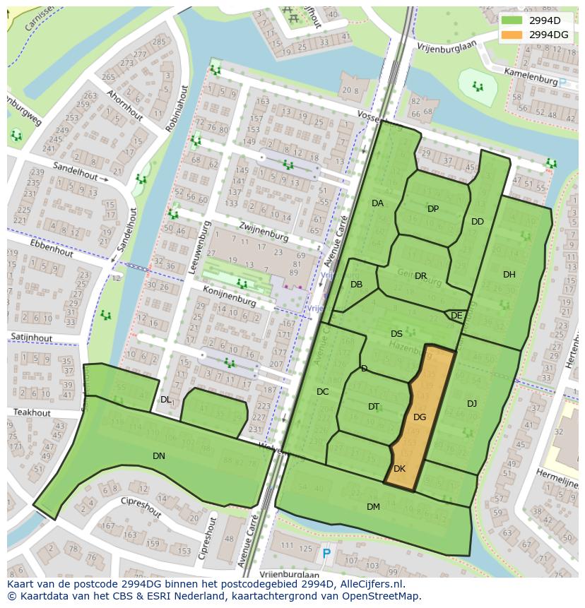 Afbeelding van het postcodegebied 2994 DG op de kaart.