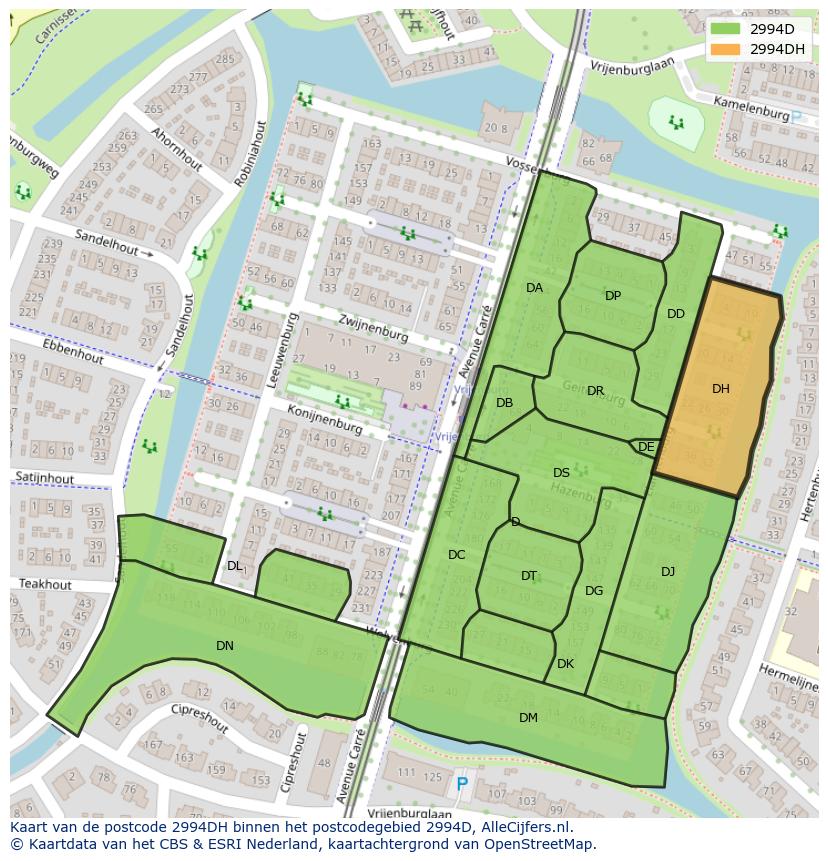 Afbeelding van het postcodegebied 2994 DH op de kaart.