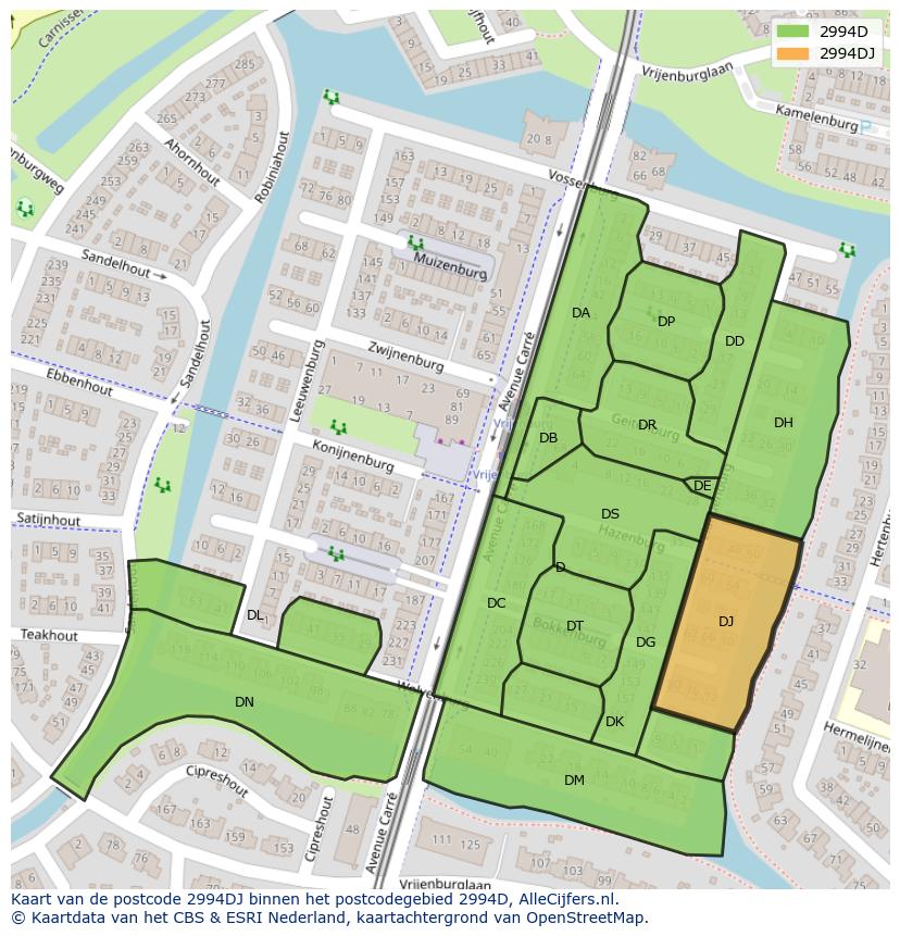 Afbeelding van het postcodegebied 2994 DJ op de kaart.