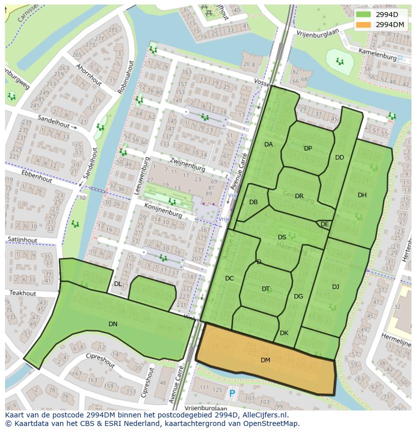 Afbeelding van het postcodegebied 2994 DM op de kaart.