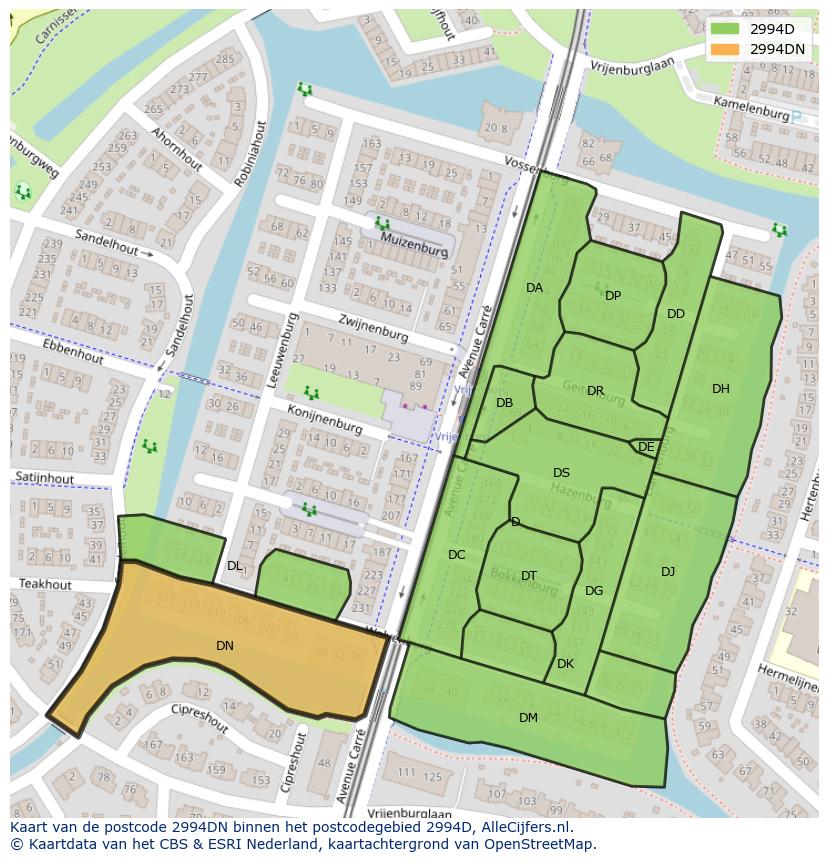 Afbeelding van het postcodegebied 2994 DN op de kaart.