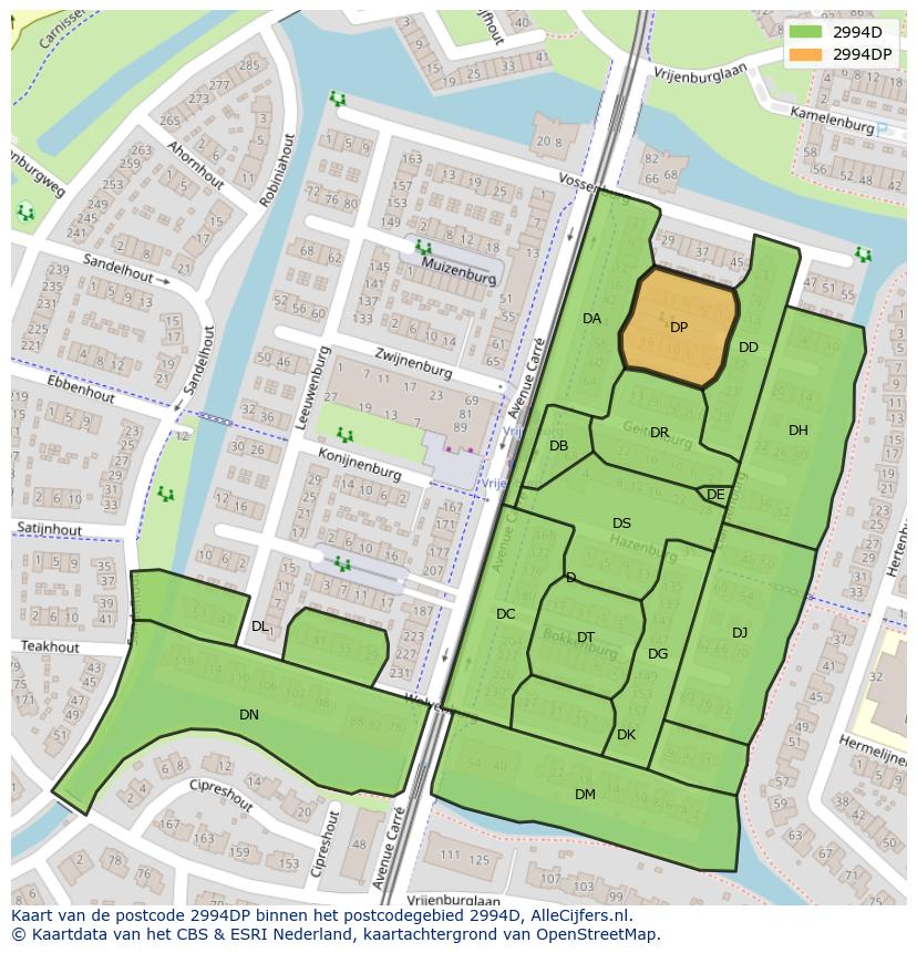 Afbeelding van het postcodegebied 2994 DP op de kaart.