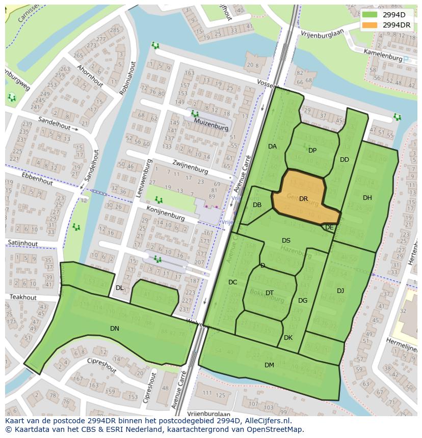 Afbeelding van het postcodegebied 2994 DR op de kaart.
