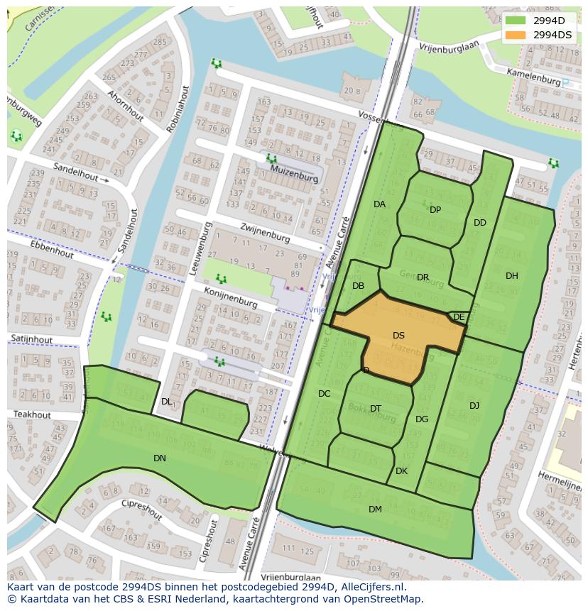Afbeelding van het postcodegebied 2994 DS op de kaart.