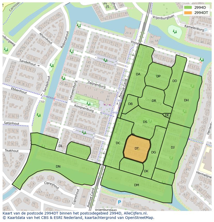 Afbeelding van het postcodegebied 2994 DT op de kaart.