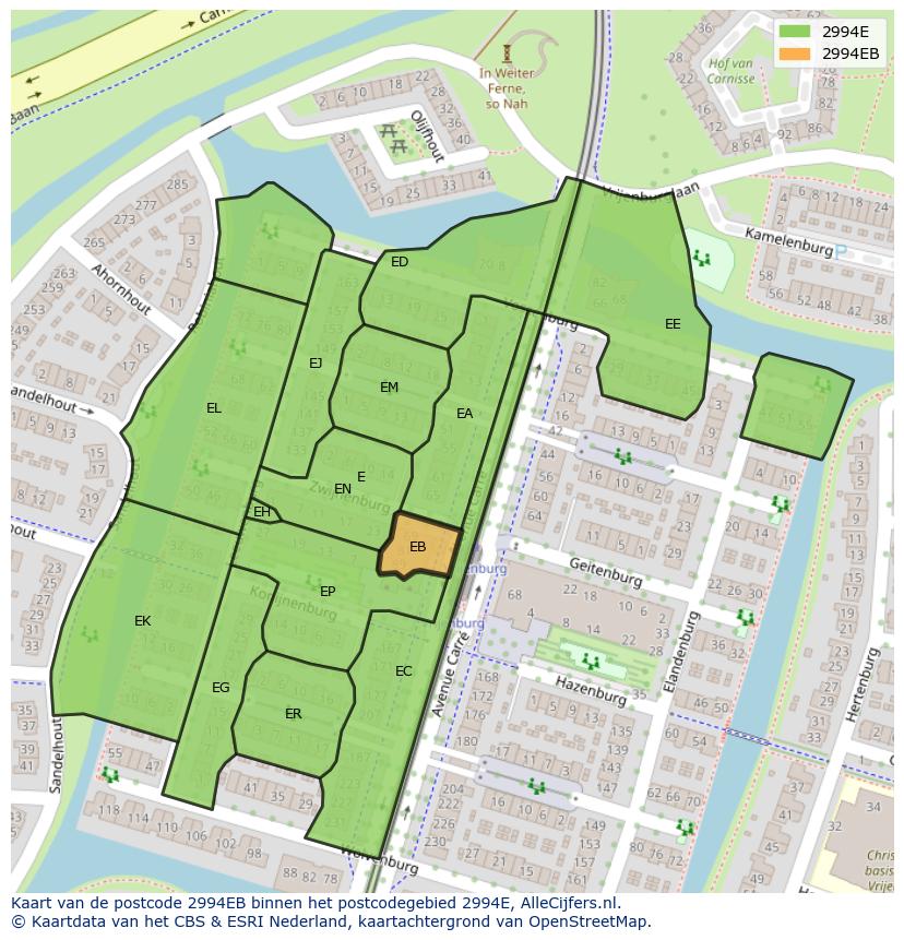 Afbeelding van het postcodegebied 2994 EB op de kaart.