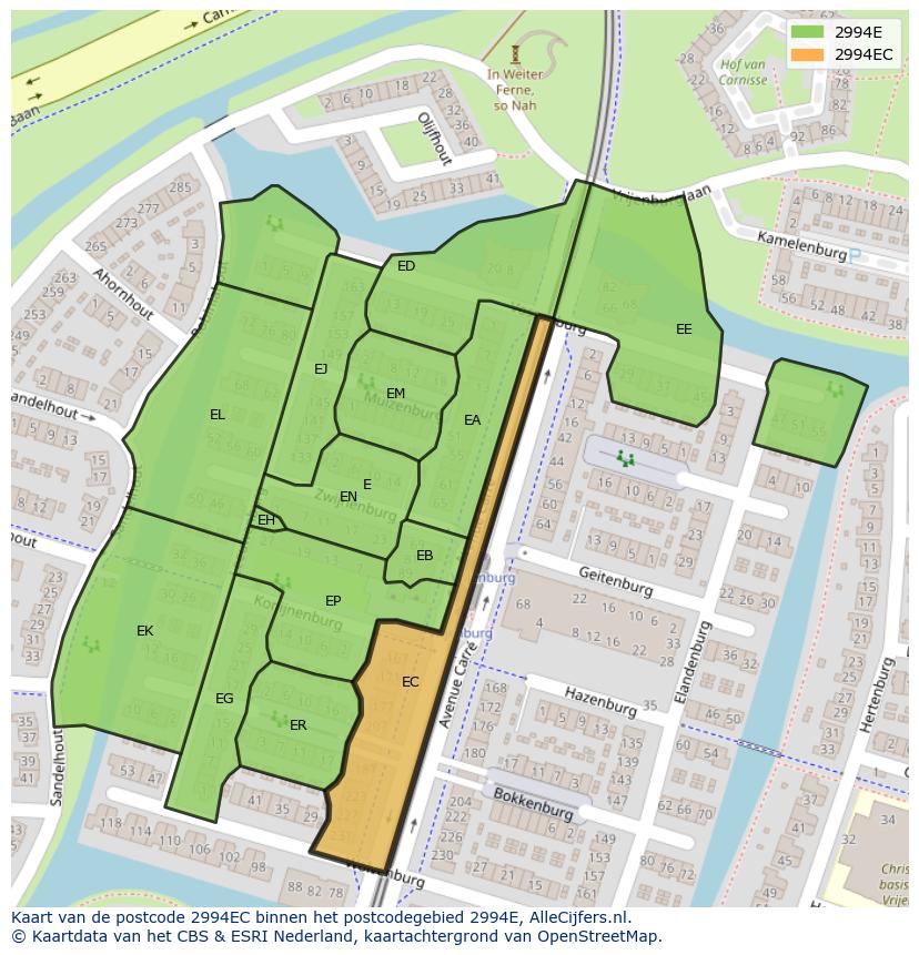 Afbeelding van het postcodegebied 2994 EC op de kaart.