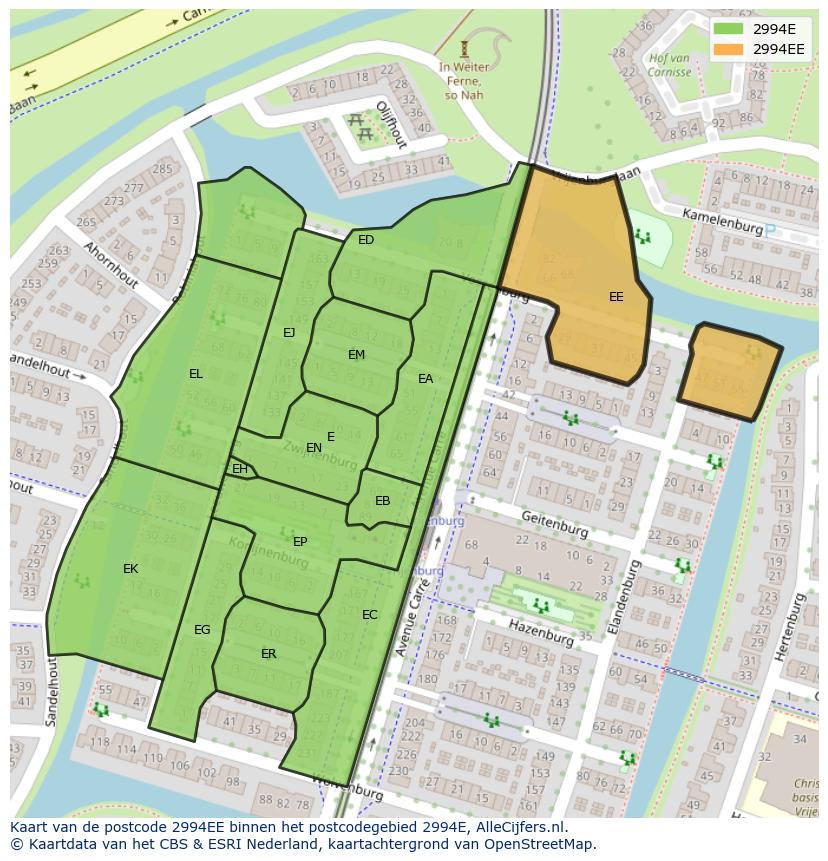 Afbeelding van het postcodegebied 2994 EE op de kaart.