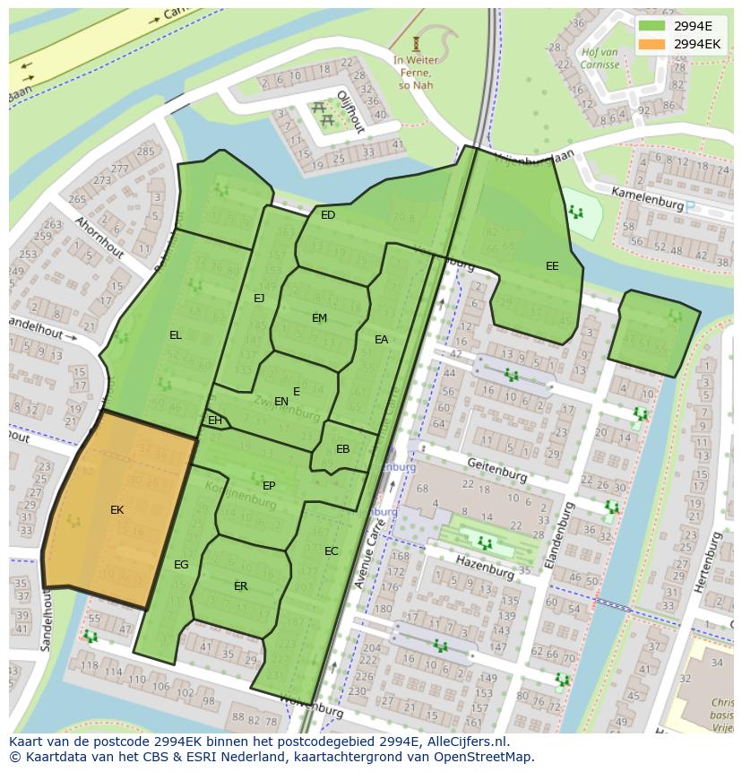 Afbeelding van het postcodegebied 2994 EK op de kaart.