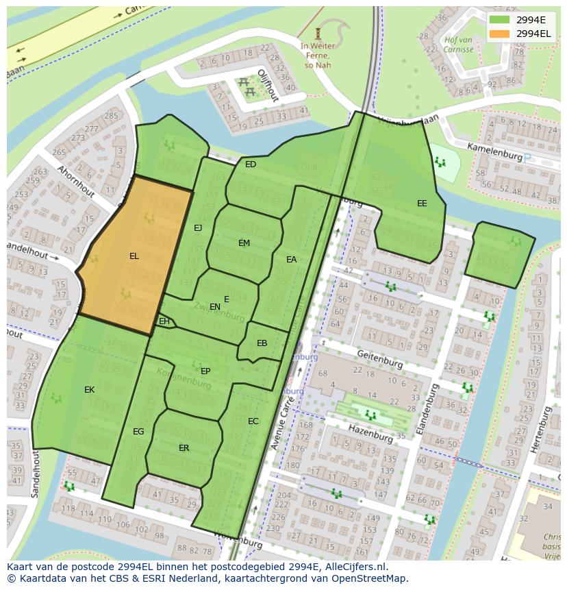 Afbeelding van het postcodegebied 2994 EL op de kaart.