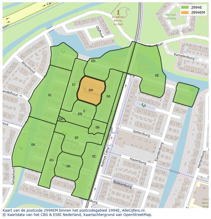 Afbeelding van het postcodegebied 2994 EM op de kaart.