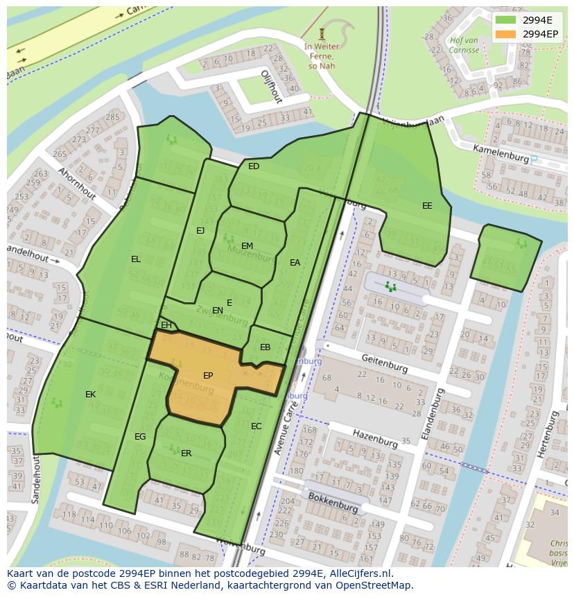Afbeelding van het postcodegebied 2994 EP op de kaart.
