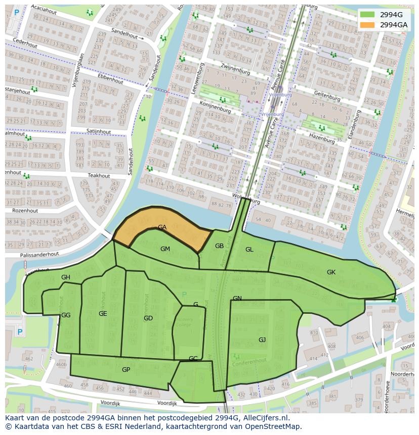 Afbeelding van het postcodegebied 2994 GA op de kaart.