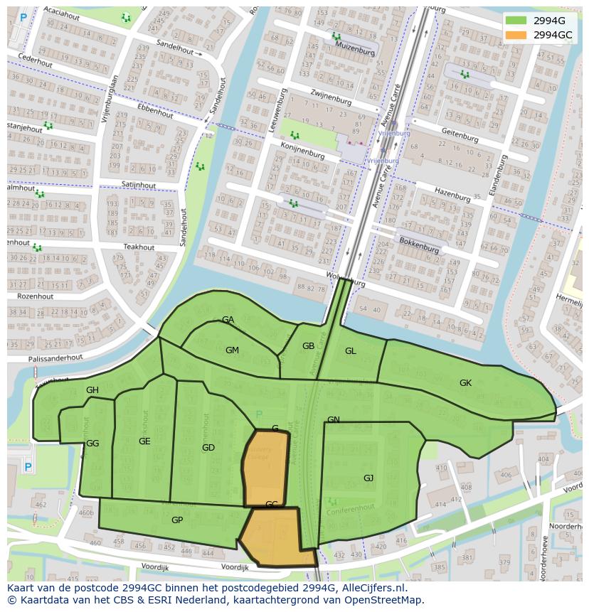 Afbeelding van het postcodegebied 2994 GC op de kaart.