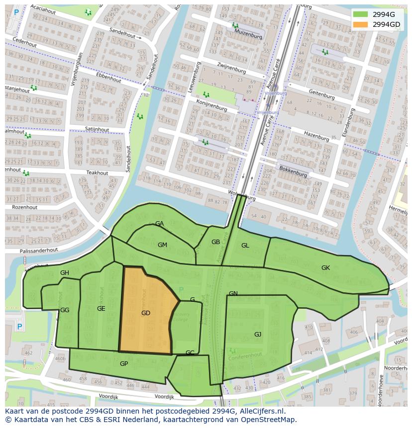 Afbeelding van het postcodegebied 2994 GD op de kaart.