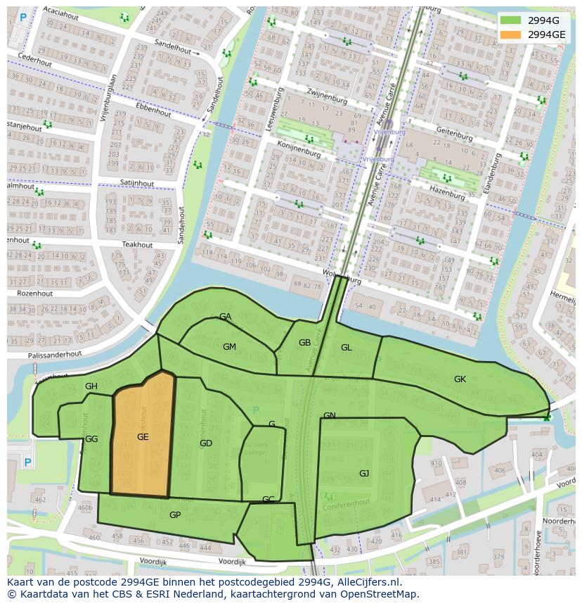 Afbeelding van het postcodegebied 2994 GE op de kaart.