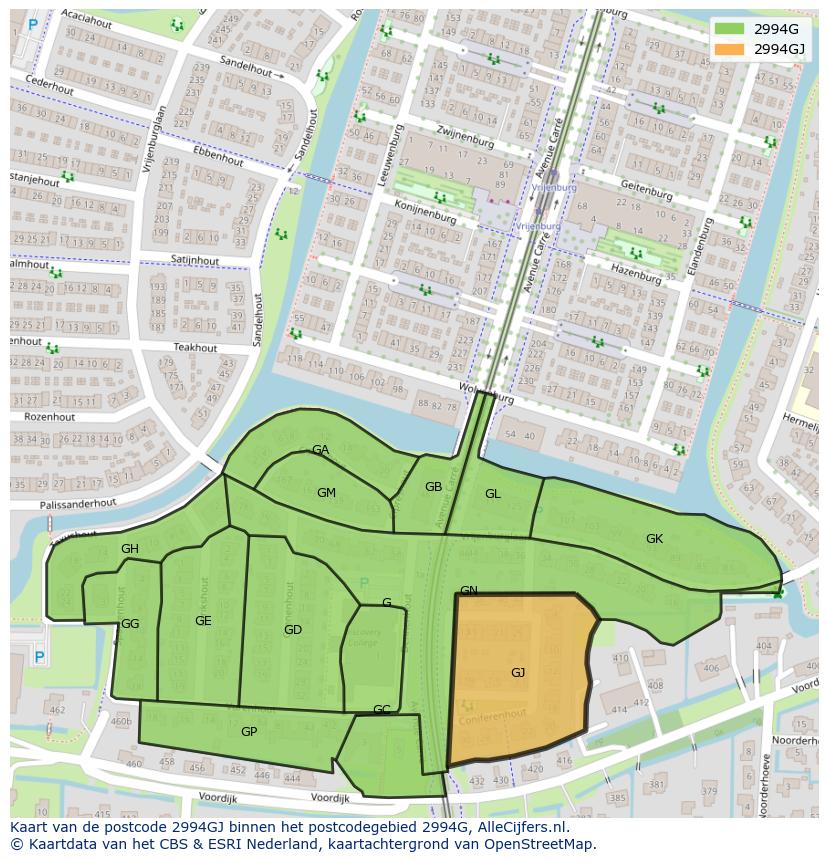 Afbeelding van het postcodegebied 2994 GJ op de kaart.