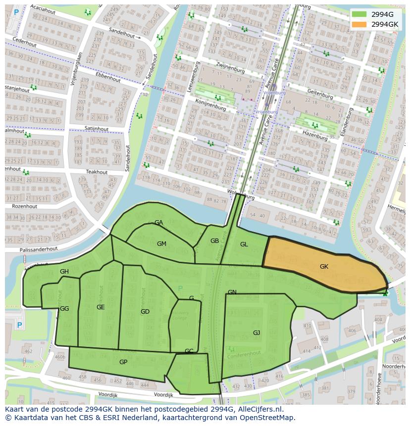 Afbeelding van het postcodegebied 2994 GK op de kaart.