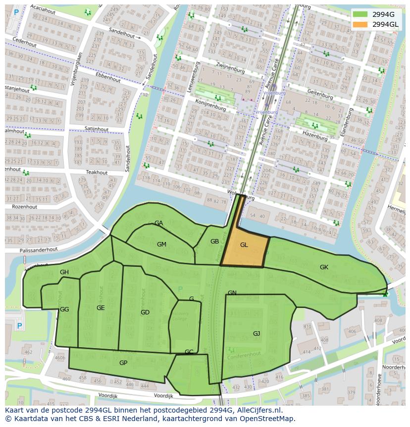 Afbeelding van het postcodegebied 2994 GL op de kaart.
