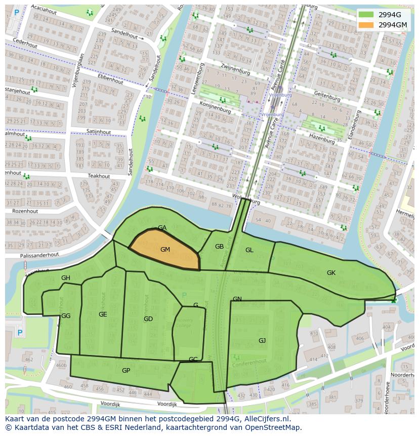 Afbeelding van het postcodegebied 2994 GM op de kaart.