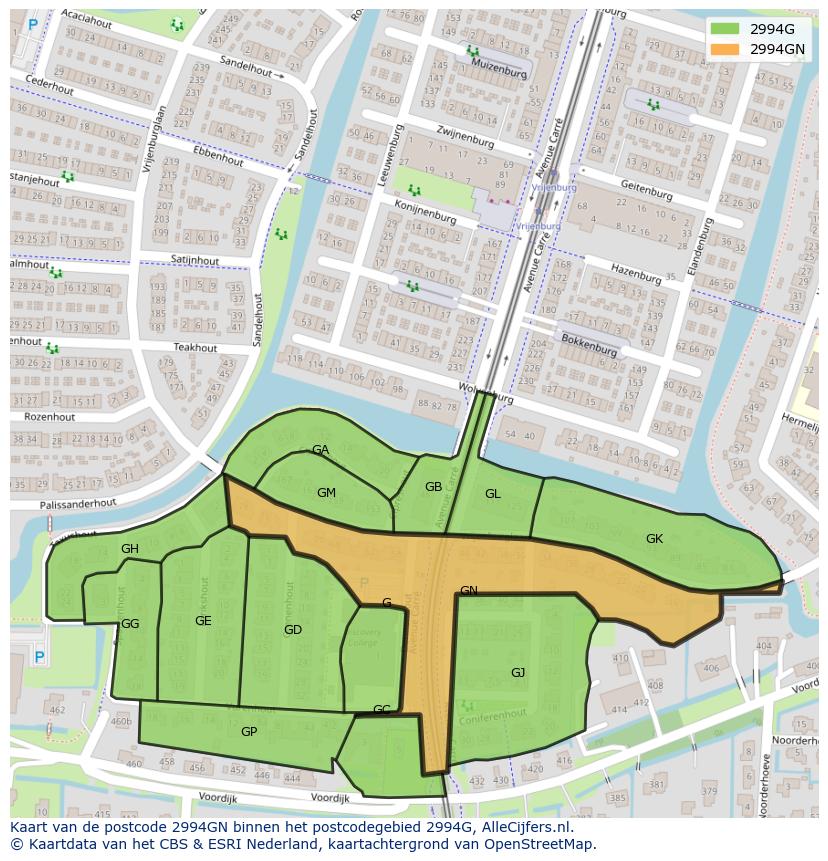 Afbeelding van het postcodegebied 2994 GN op de kaart.
