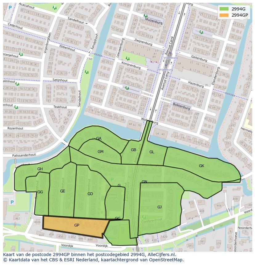 Afbeelding van het postcodegebied 2994 GP op de kaart.