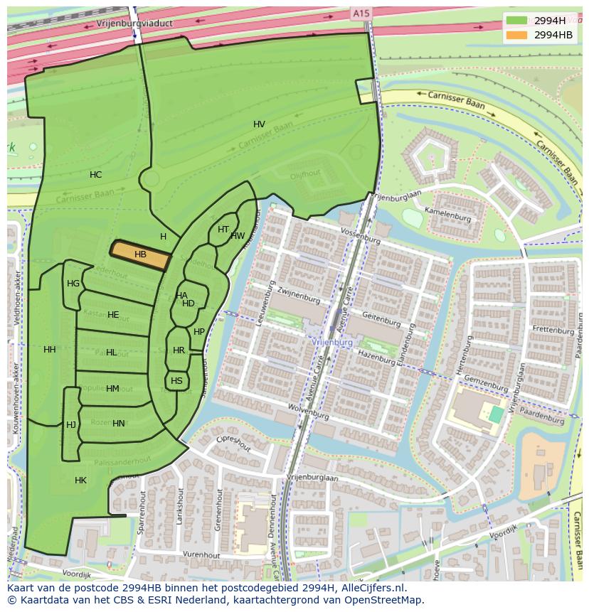 Afbeelding van het postcodegebied 2994 HB op de kaart.