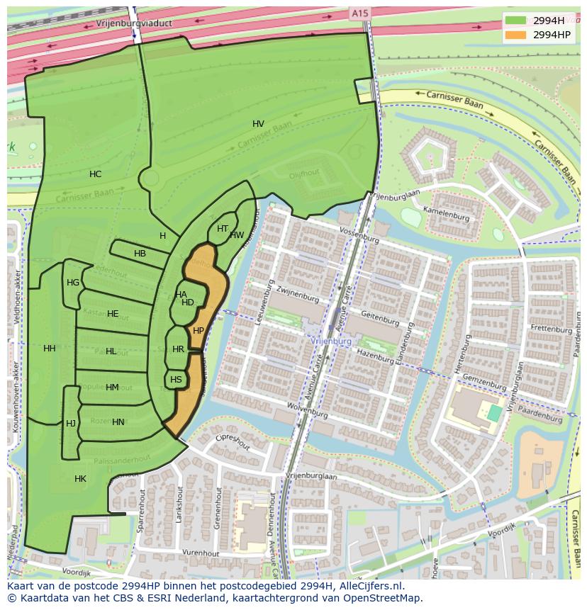 Afbeelding van het postcodegebied 2994 HP op de kaart.