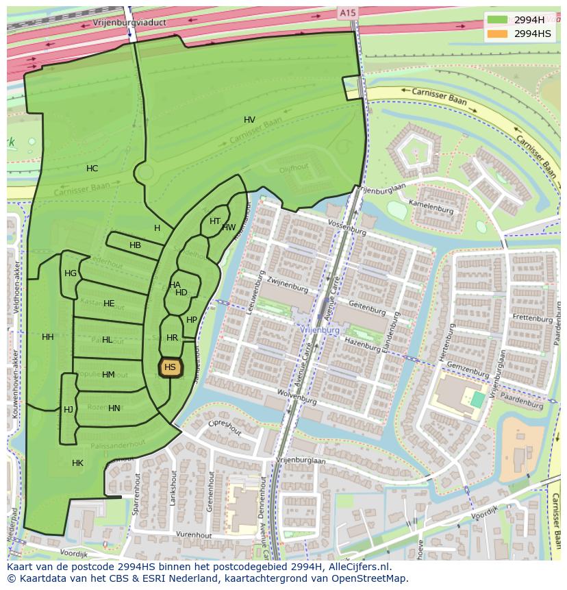 Afbeelding van het postcodegebied 2994 HS op de kaart.