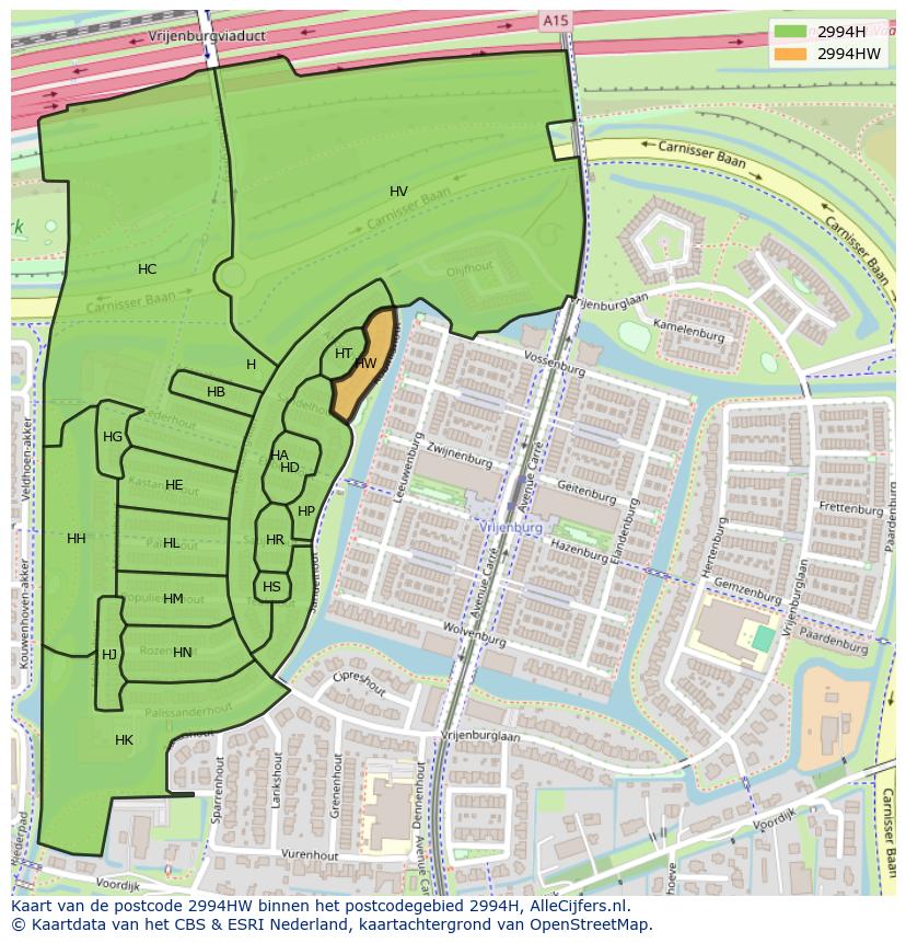 Afbeelding van het postcodegebied 2994 HW op de kaart.