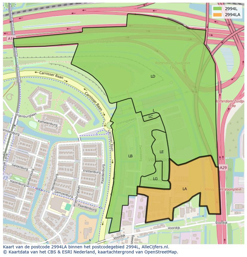 Afbeelding van het postcodegebied 2994 LA op de kaart.