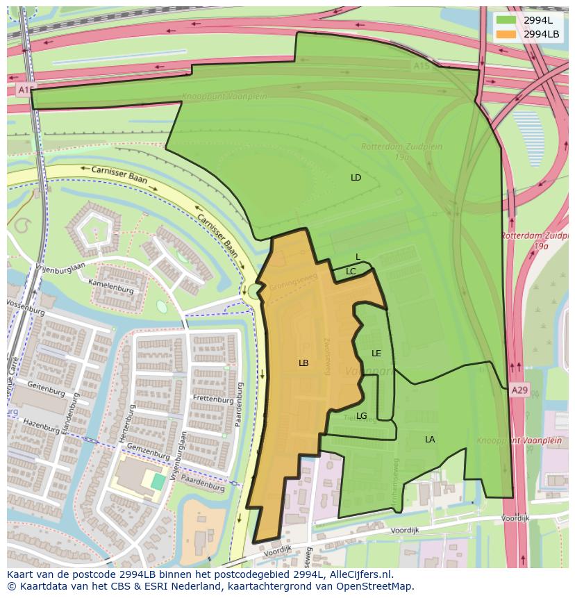 Afbeelding van het postcodegebied 2994 LB op de kaart.
