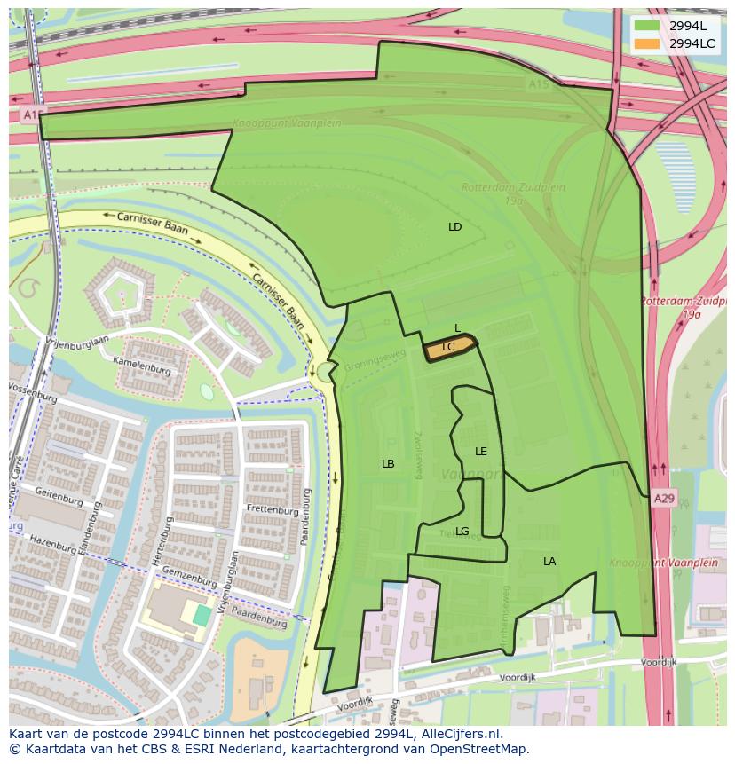 Afbeelding van het postcodegebied 2994 LC op de kaart.