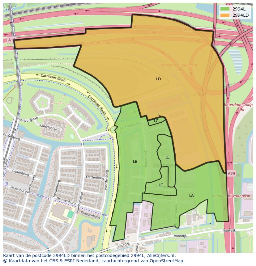 Afbeelding van het postcodegebied 2994 LD op de kaart.