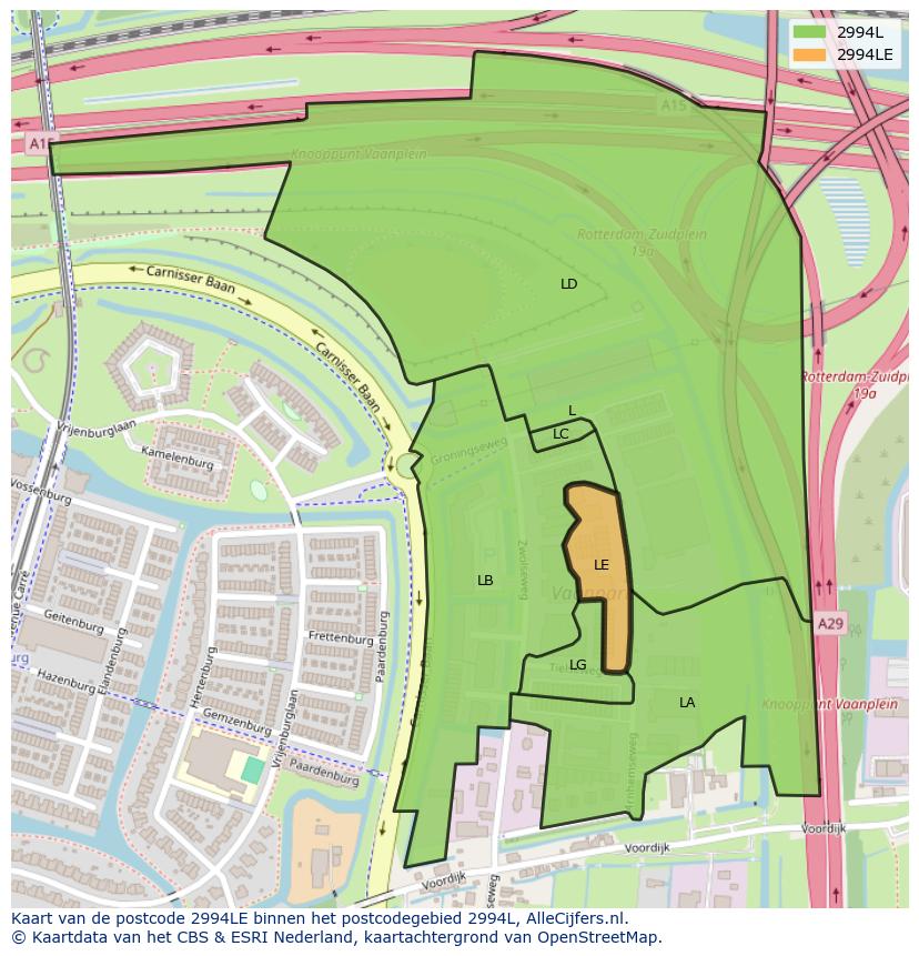 Afbeelding van het postcodegebied 2994 LE op de kaart.