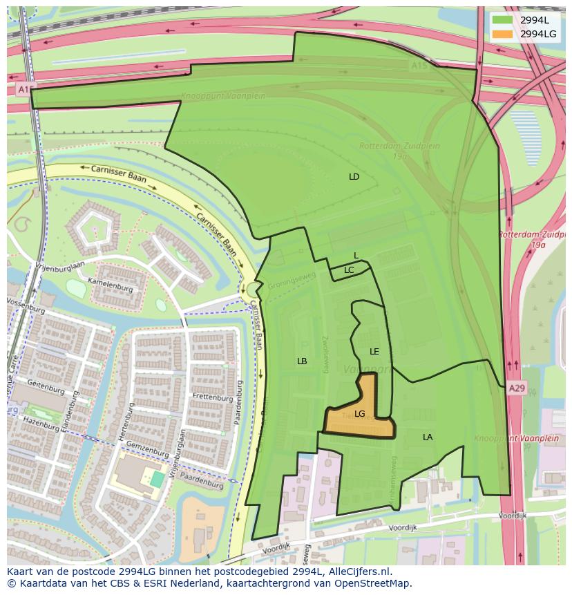 Afbeelding van het postcodegebied 2994 LG op de kaart.