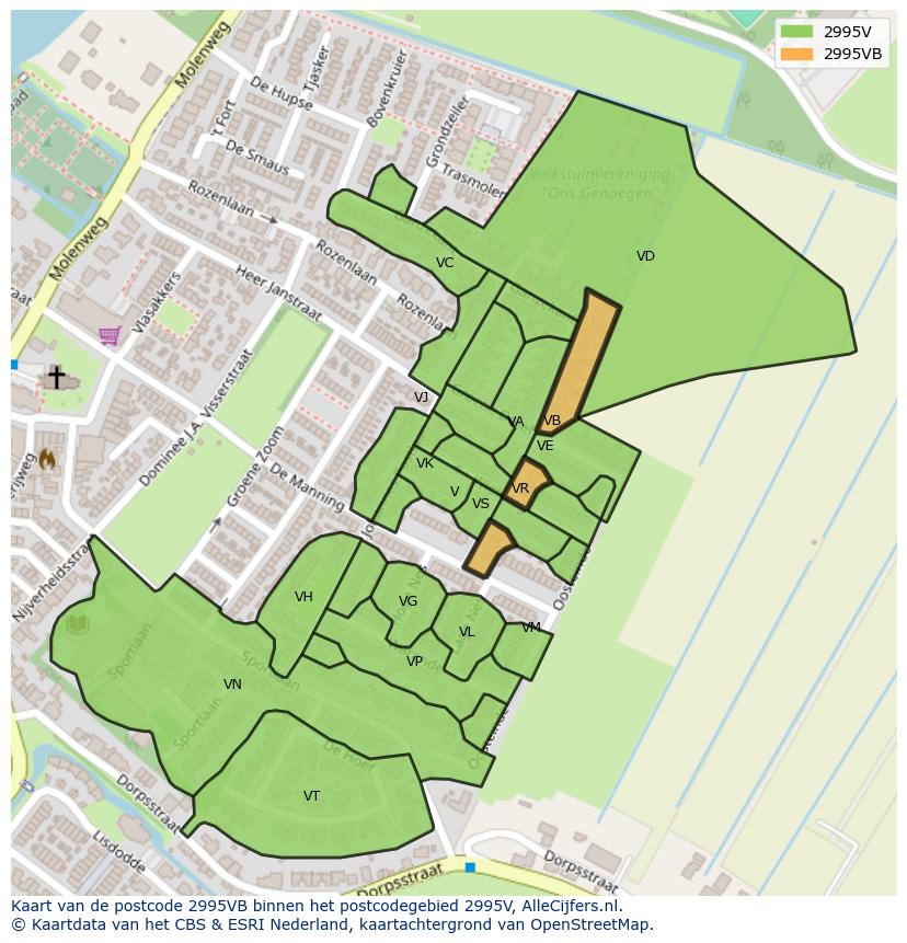 Afbeelding van het postcodegebied 2995 VB op de kaart.