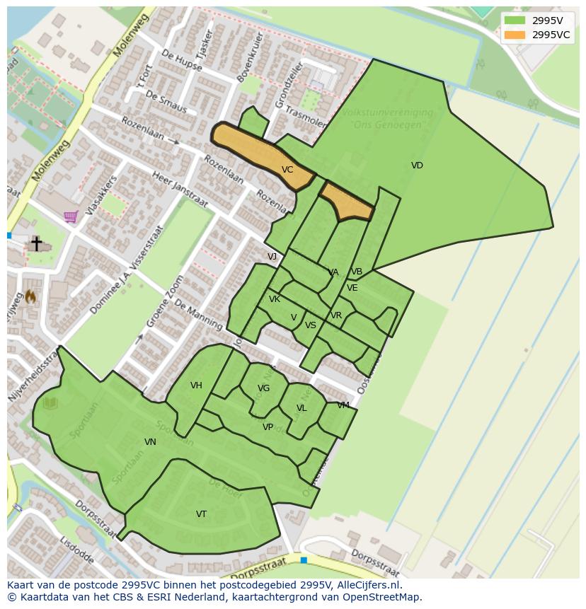 Afbeelding van het postcodegebied 2995 VC op de kaart.