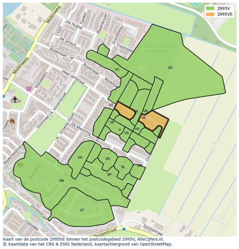 Afbeelding van het postcodegebied 2995 VE op de kaart.
