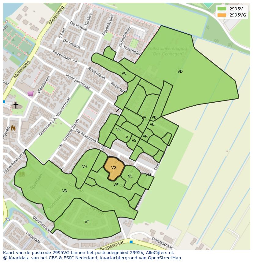 Afbeelding van het postcodegebied 2995 VG op de kaart.