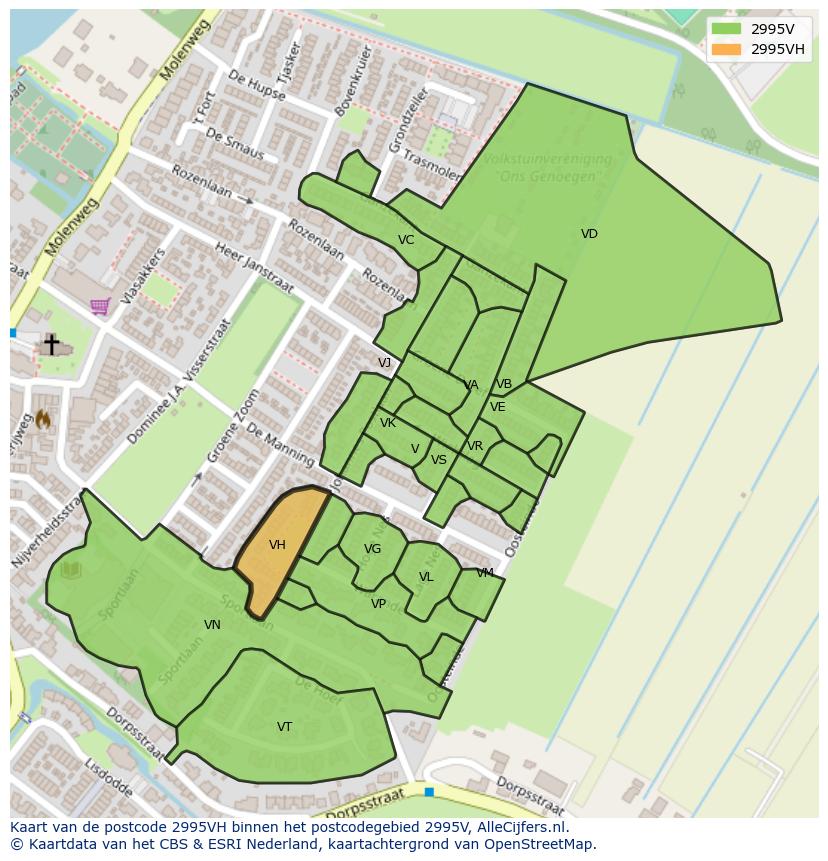 Afbeelding van het postcodegebied 2995 VH op de kaart.